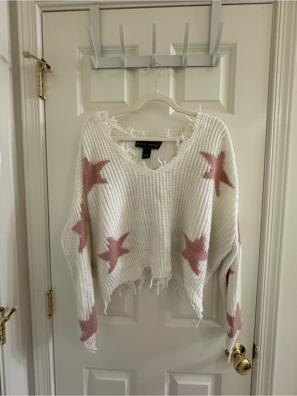 White Star-Print Distressed V-Neck Sweater